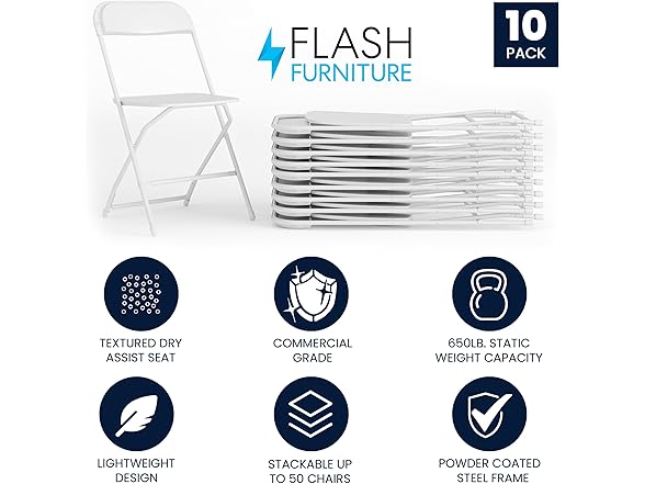 Flash Furniture Hercules Set of 10 Indoor/Outdoor Heavy-Duty Plastic Folding Chairs
