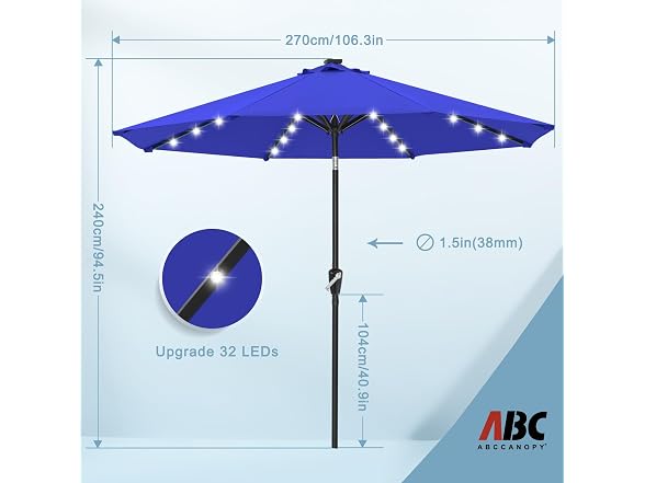 ABCCANOPY Durable Solar Led Patio Umbrellas with 32LED Lights 9FT (Blue)