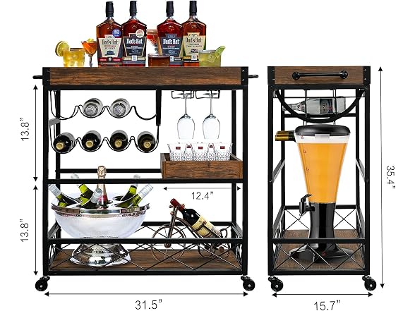 Bar Cart for Home, 3-Tier Rolling
