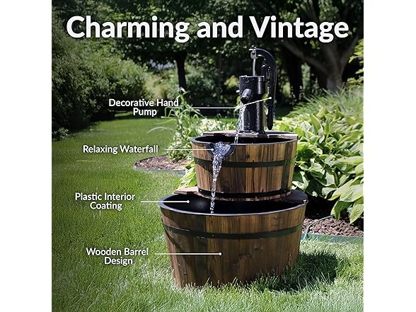 Sunnydaze 2-Tier Wood Barrel Water Fountain - 34-Inch