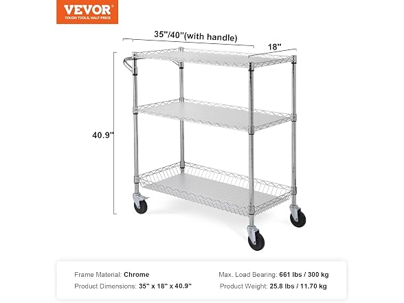 Kitchen Utility Cart, 3 Tiers, Wire Liner