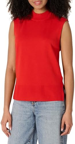 Amazon Essentials Women's Regular-Fit Cap Sleeve Pullover Mock Neck Sweater Top, Bright Poppy Red, X-Large