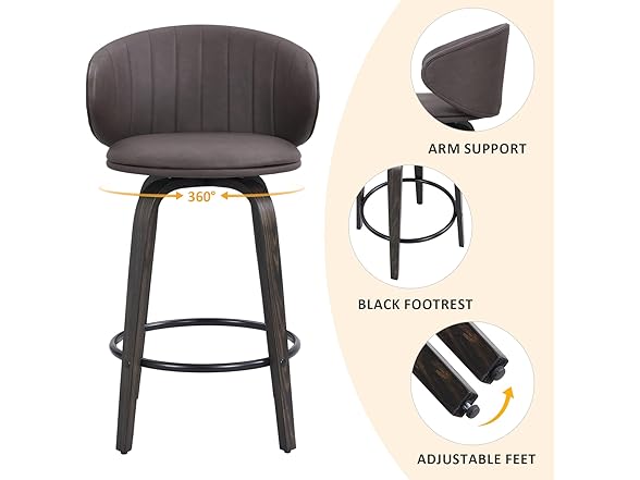 Modern Bar Stools Set of 2 Mid Century Bentwood Barstools Swivel Faux Leather Stools with Back for Kitchen Counter Restaurant, Brown (Open Box)