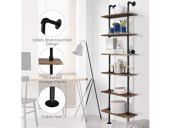 Hysache 6-Tier Pipe Shelves, 82 inch Wall-Mounted Bookshelf 