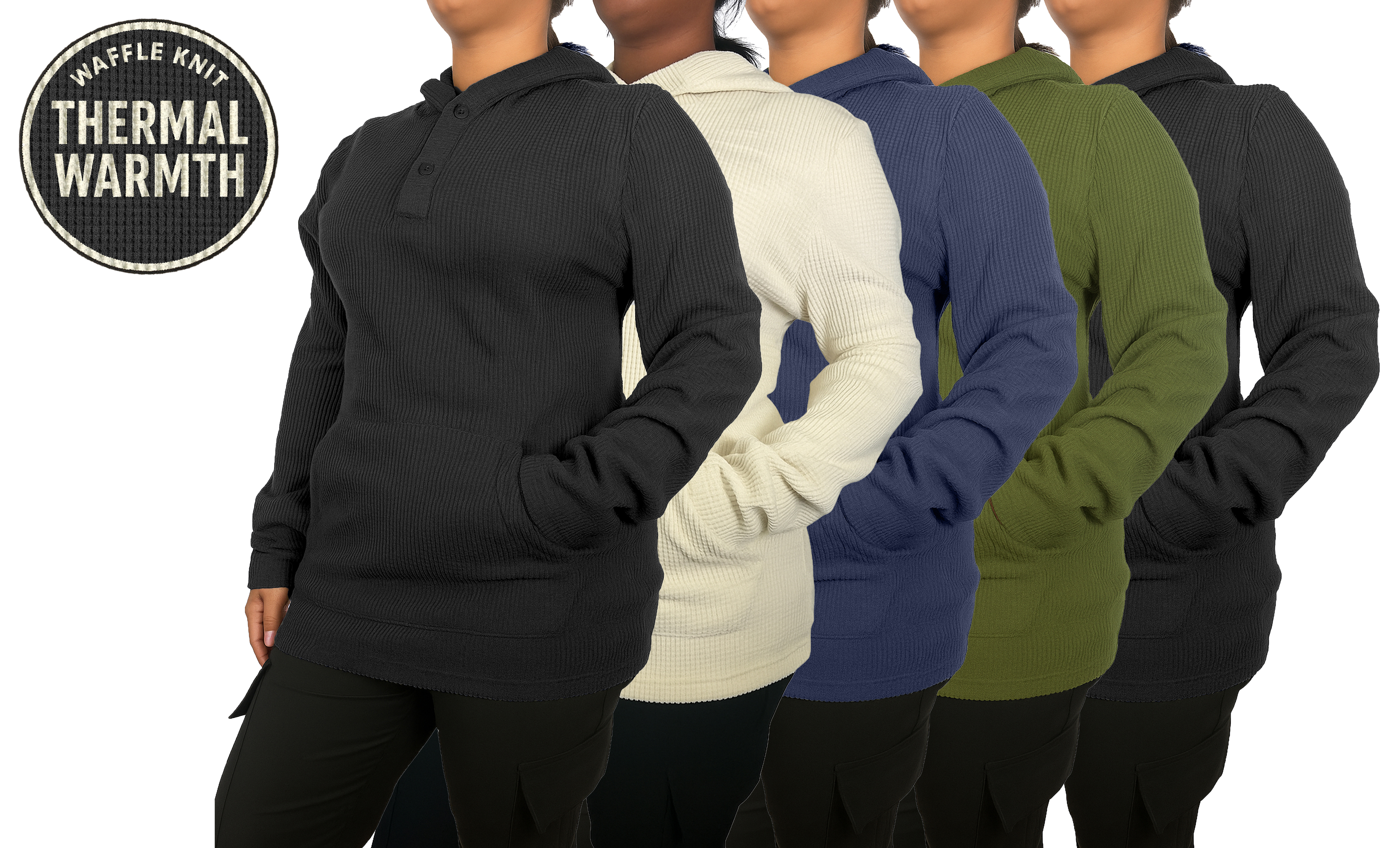 5Pk Womens Waffle-Knit Henley Pullover Hoodie - Gallery 7