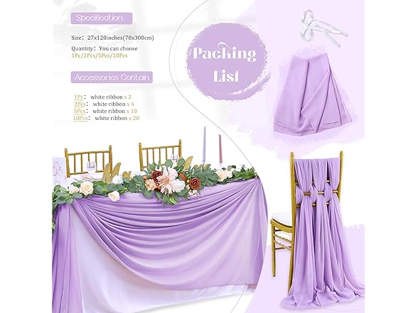 QueenDream Light Purple Chiffon Table Runner 10Ft Long