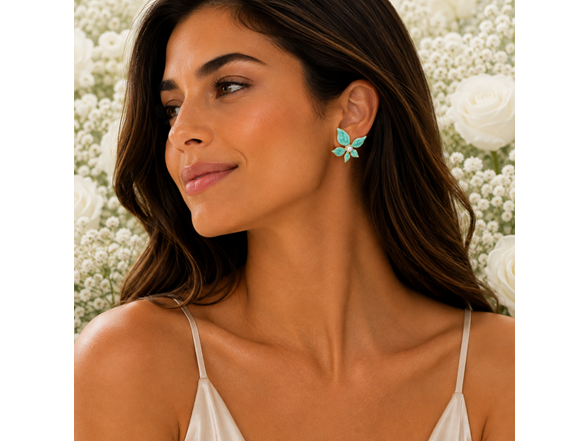 18K Gold Turquoise Flower Pearl Studs