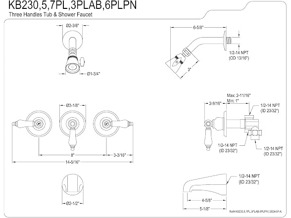 Kingston KB230PL Tub and Shower Faucet, Matte