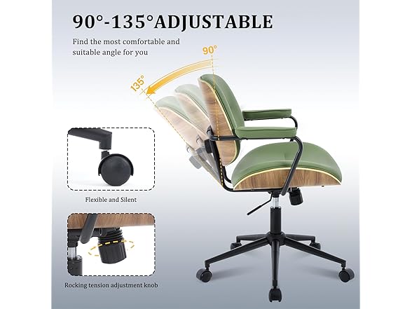 BV Mid Century Modern Office Chair Set of 1, Swivel Rolling Deak Chair with Armrests and Walnut Back, Adjustable Desk Chair for Home Office, Green (Open Box)