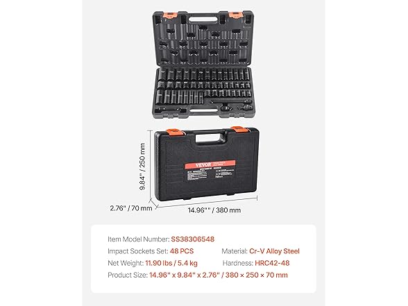 VEVOR 48 Piece 3/8" Drive Impact Socket Set