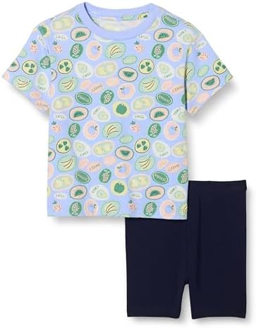Amazon Essentials Girls' T-Shirt and Bike Short Set, Navy/Fruit, Small