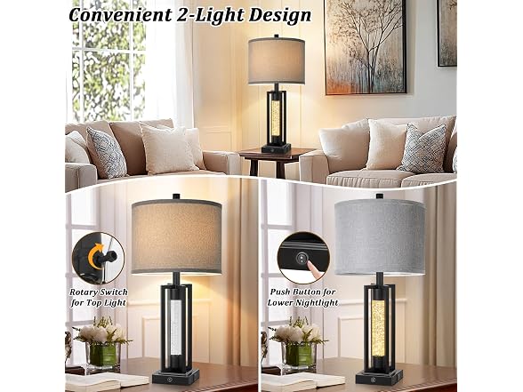 26’’ Farmhouse Table Lamps with Crystal Night Light Set of 2 Black