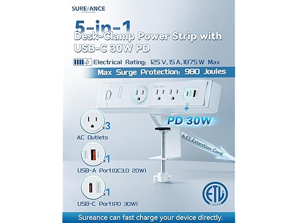 SUREANCE 50W Desk Clamp Power Strip