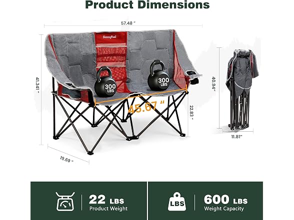 SUNNYFEEL Grey-Red Loveseat Camping Chair