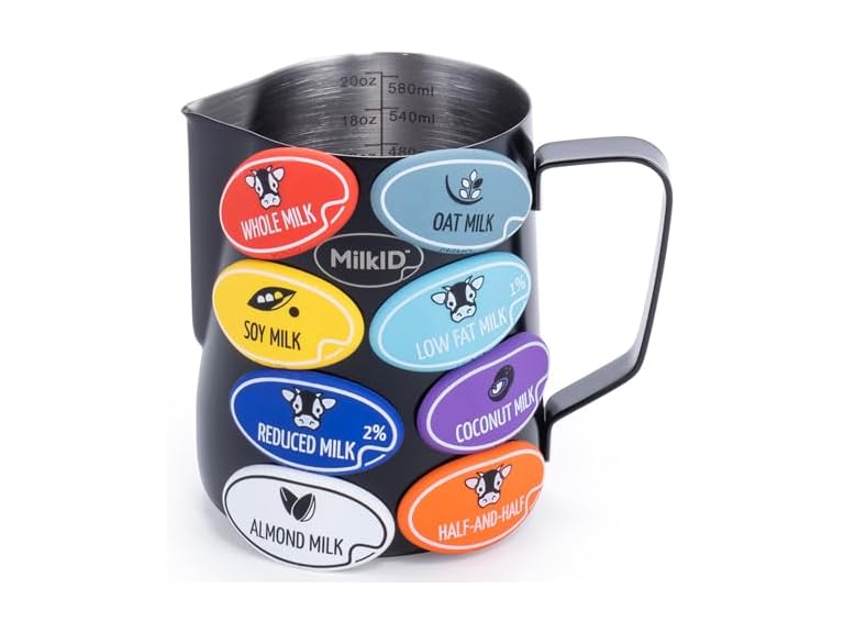 MilkID Milk Frothing Pitcher with Snap-On Labels