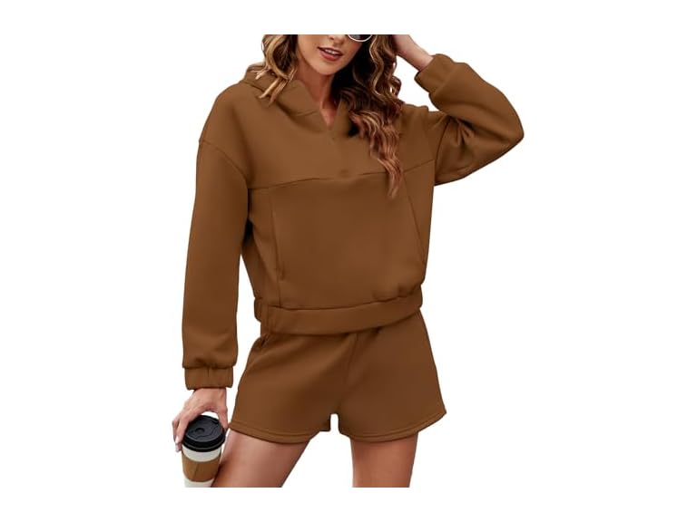 FKEEP Womens 2 Piece Sweatsuit Outfits Half Zip Hoodie Sweat with Shorts Pockets Lounge Winter Tracksuit Wear Matching Set