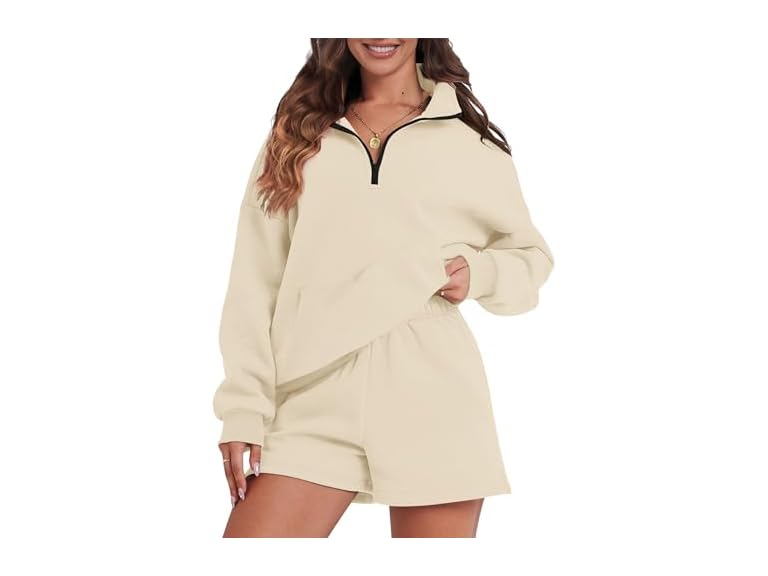 FKEEP Womens Sweatsuits 2 Piece Outfits Half Zip Sweatshirt Sweat Shorts with Pockets Lounge Sets(Light Yellow,X-Large)