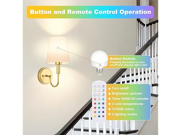 Wireless Rechargeable Wall Sconce, 2 Pack -Choose Color