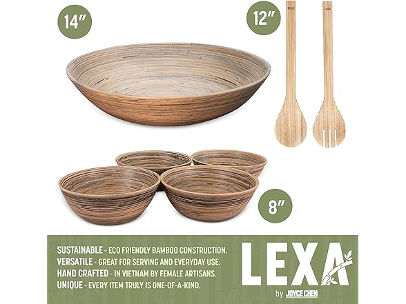 LEXA 6-Piece Handcrafted Bamboo Salad Bowl Set (Black)