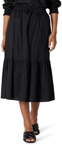 Amazon Essentials Women's Mid-Rise A-line Cotton Sateen Tiered Midi Skirt (Top Sold Separately), Black, Medium