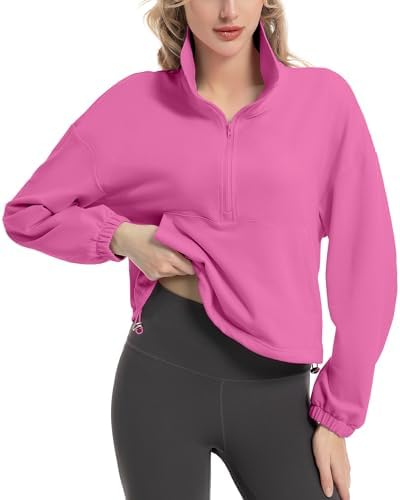FKEEP Quarter Zip Pullover Women Cropped Sweatshirt Long Sleeve Crop Top Stand Collar Drawstring Casual Pullover zHot Pink XL