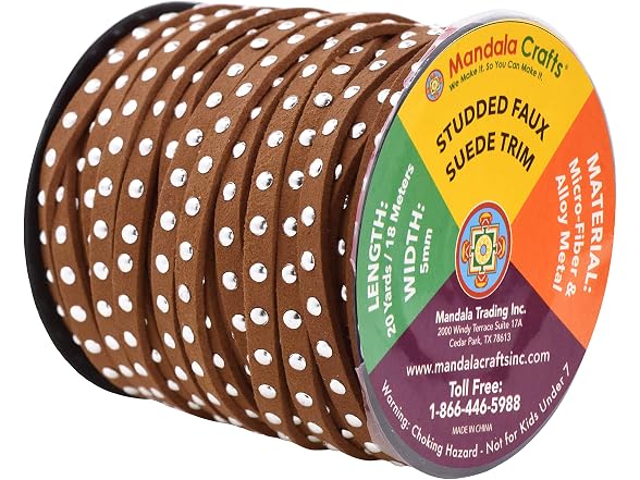 Mandala Crafts Brown Silver Tone Rivet Studded Faux Suede Cord