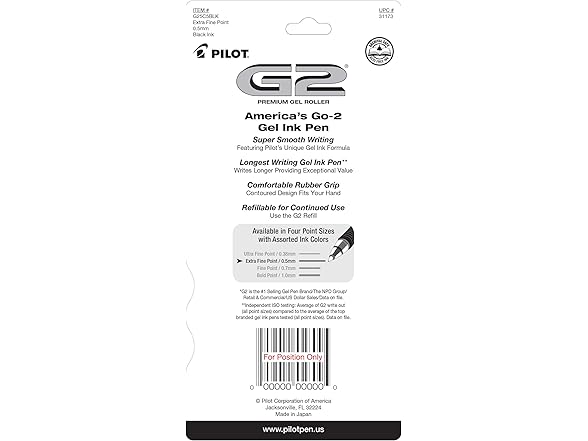 PILOT G2 Premium Rolling Ball Gel Pens, Extra Fine Point, Black Ink