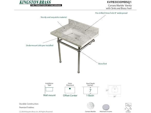 Kingston Brass Top, Carrara Marble White/Polished Chrome