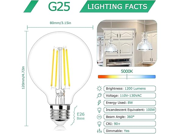G25 LED Edison Dimmable Globe Light Bulbs, 100W