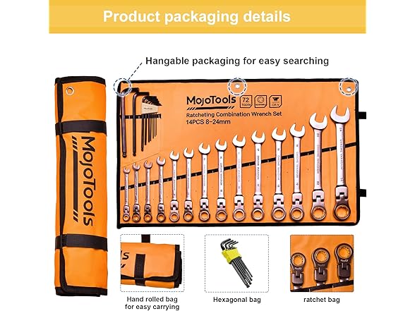 23-Piece Flex-Head Ratcheting Combination Wrench Set-Includes 14PCS