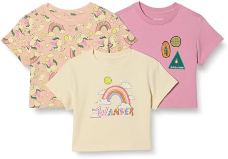 Amazon Essentials Girls' Short Sleeve T-Shirts, Pack of 3, Badges/Unicorn/Wander, Small