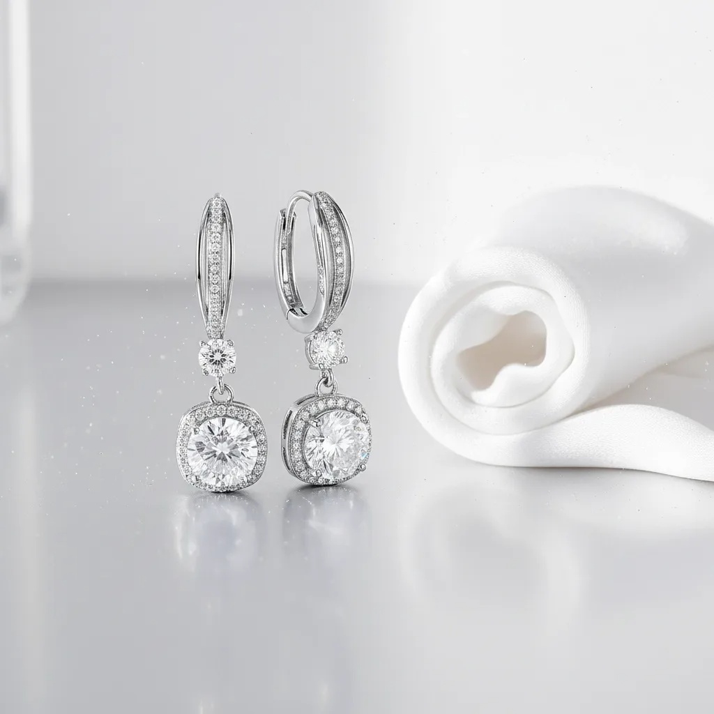 Moissanite Halo Drop Huggie Earrings - Gallery 8