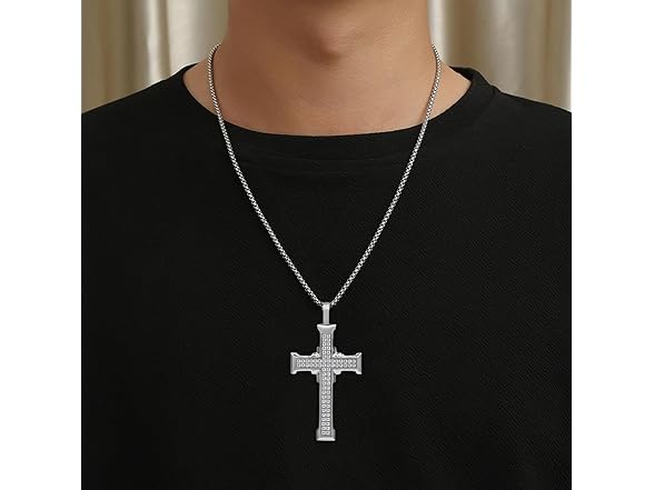 Mens Zirconia Cross Necklace 24"