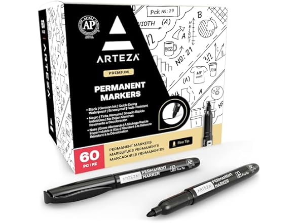 ARTEZA Permanent Markers Black, Bulk Set of 60