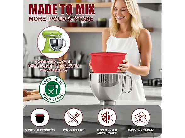 GuanQiao 3 Silicone Bowl Liners for 5 Qt KitchenAid Mixer