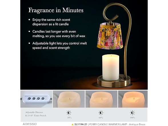 Adesso Candle Warmer Lamp, Antique Brass & Floral Shade