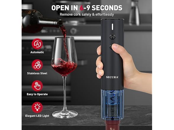 Secura Stainless Steel Electric Wine Opener, Black