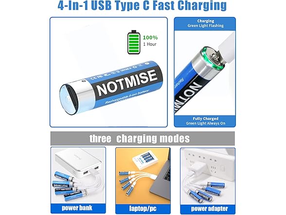 (8 PACK) Notmise Rechargeable Lithium Ion 1.5V AA Batteries