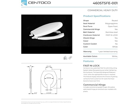 Centoco Toilet Seat Round, Lock In Place