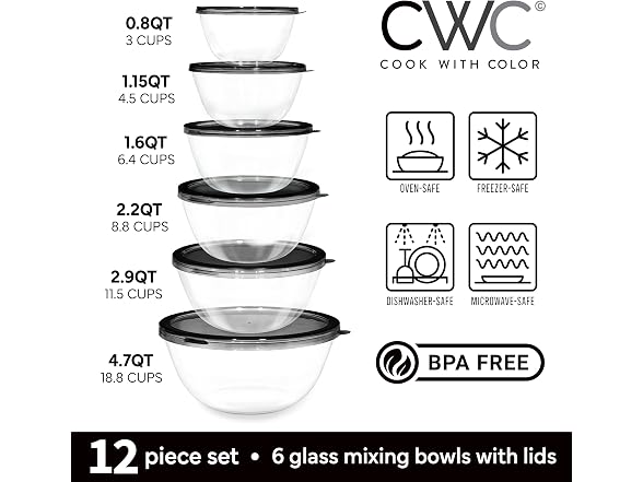 12 Pc Glass Mixing Bowl Set