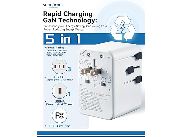 67W Universal Travel Adapter with USB C