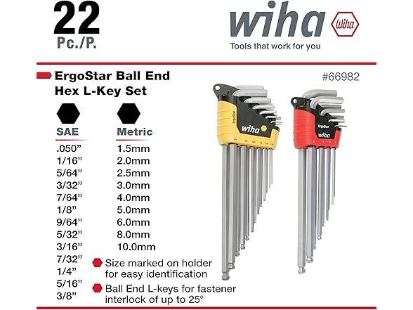 Wiha 66982 Ball End Hex L-Key Set 22pc Inch & Metric