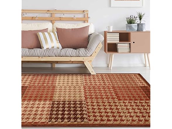 Abstract Houndstooth Checkered Geometric Border Rug, 8'x10'