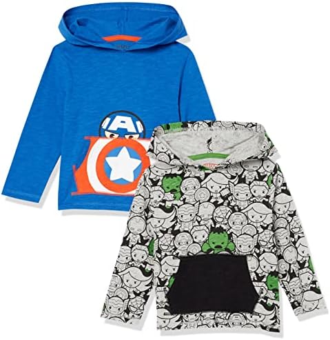 Amazon Essentials Disney | Marvel | Star Wars Boys' Lightweight Hooded Long-Sleeve T-Shirts, Pack of 2, Marvel Captain America, Small