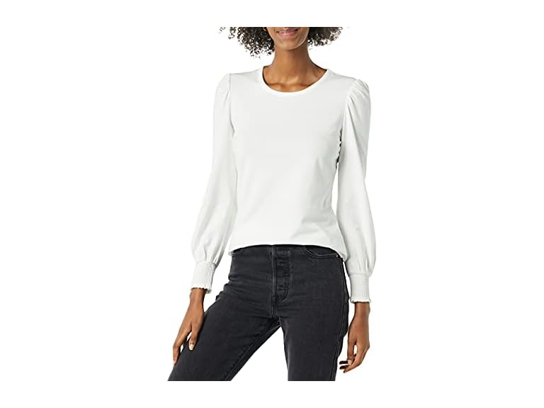 Amazon Essentials Women's Long-Sleeve Crewneck Smocked Cuff T-Shirt, White, Small