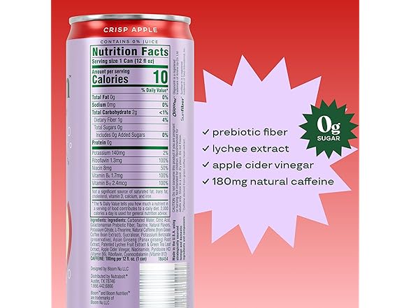 12PK Bloom Nutrition Sparkling Energy Drink - Crisp Apple