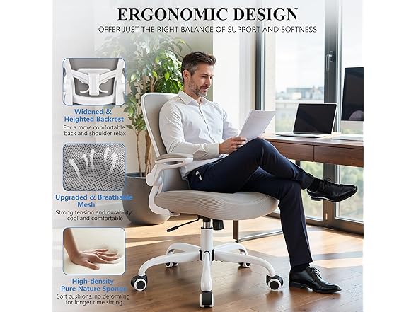 FelixKing Office Chair, Ergonomic Desk Chair Breathable Mesh Chairs Adjustable High Back Lumbar Support Flip-up Armrests, Executive Rolling Swivel Comfy Computer Chairs Home Office Gray (Open Box)