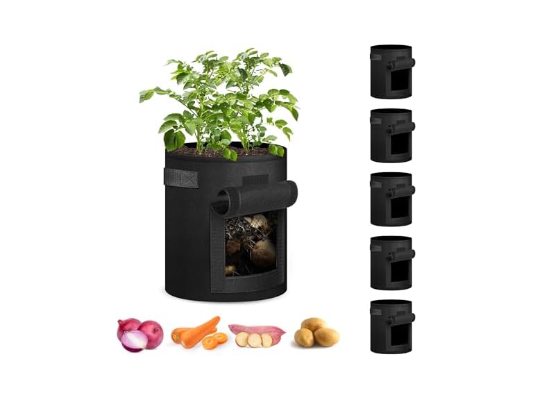 iPower Potato Grow Bags with Flap 5 Gallon 5 Pack, Garden Planting Pot with Durable Handle and Harvest Window, Thickened Nonwoven Fabric Container for Potato, Tomato, Carrot, Vegetable and Fruits