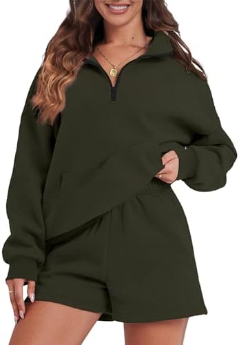 FKEEP Womens Sweatsuits 2 Piece Outfits Half Zip Sweatshirt Sweat Shorts with Pockets Lounge Sets(Army Green,X-Large)