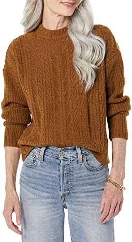Amazon Essentials Women's Cable Knit Sweater, Soft-Touch Modern Crewneck, Dark Camel, X-Small, Plus Size Available